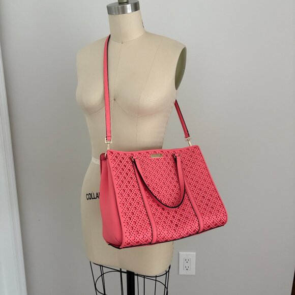 Kate Spade Romy Newbury Lane Caning Bag Crossbody Coral Leather Tote with Wallet - Picture 3 of 12